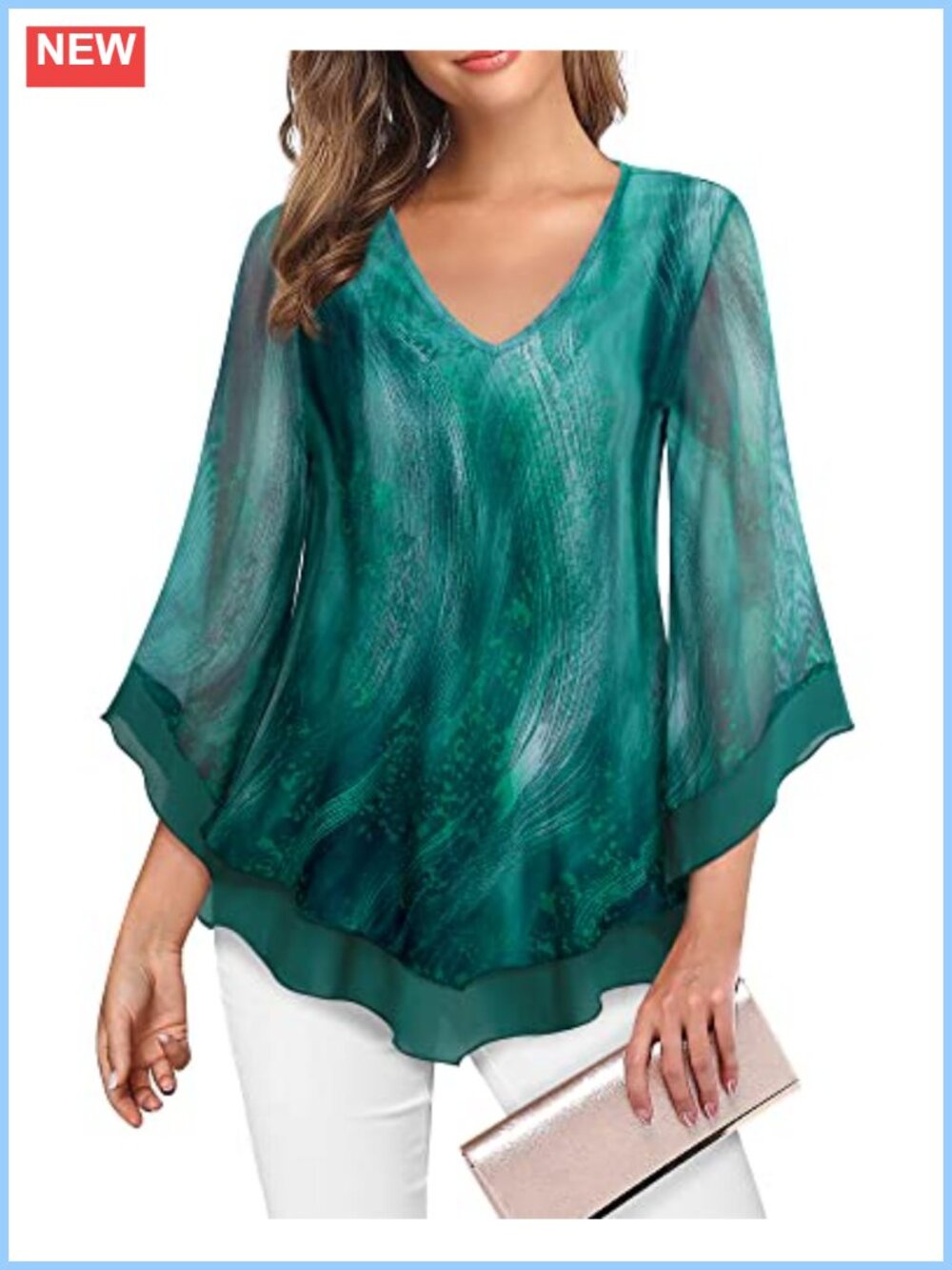 Womens Dressy Mesh Blouse Ruffle 3/4 Flared Sleeve Tunic Top